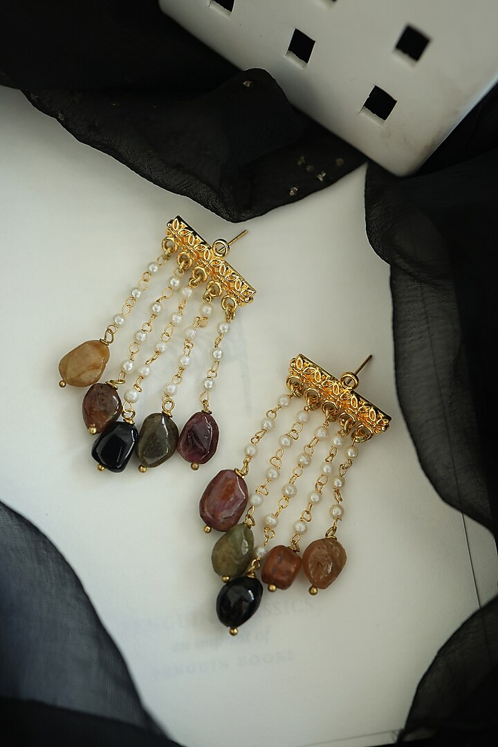 Gold Finish Pearl & Natural Stone Dangler Earrings by Do Taara at Pernia's Pop Up Shop