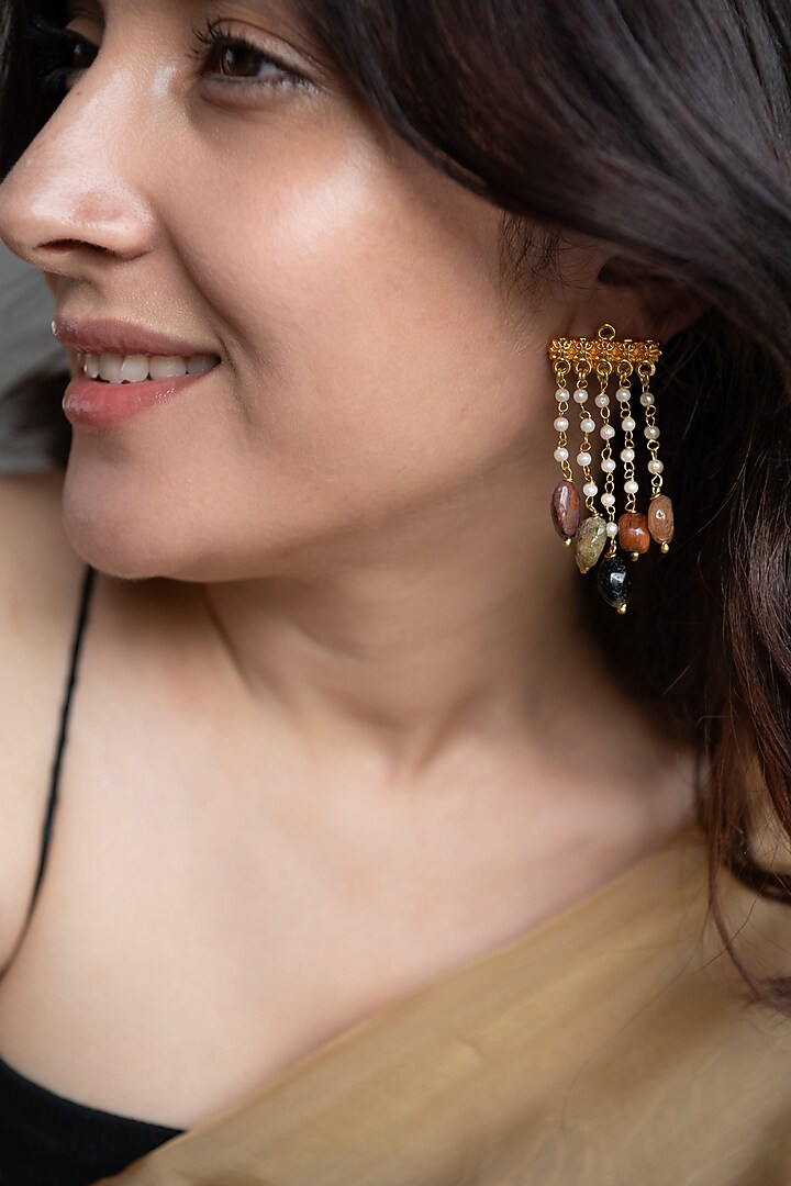 Gold Finish Pearl & Natural Stone Dangler Earrings by Do Taara at Pernia's Pop Up Shop