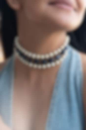 Gold Finish Pearl & Blue Stone Choker Necklace by Do Taara at Pernia's Pop Up Shop