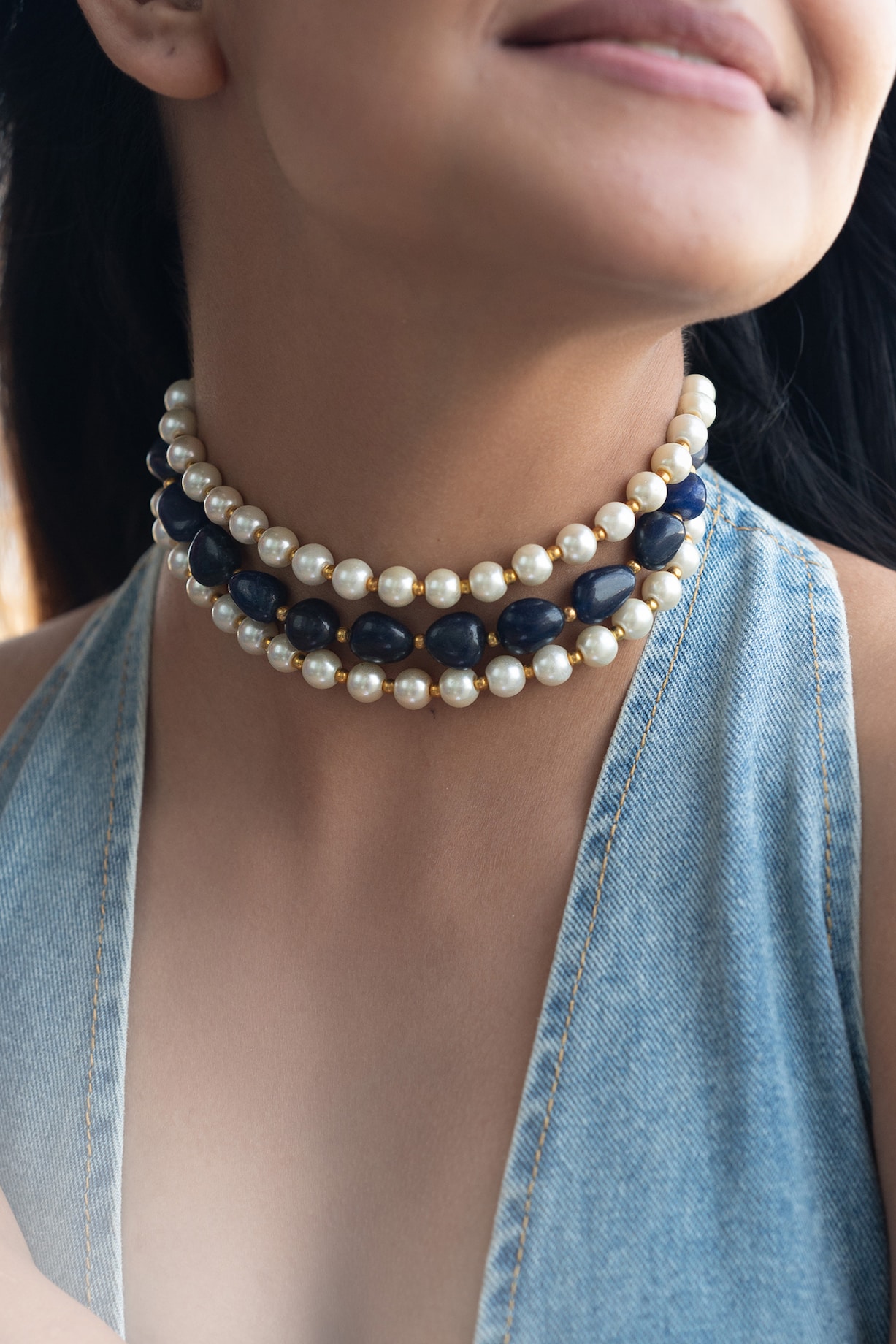 Gold Finish Pearl Blue Stone Choker Necklace by Do Taara at Pernia's Pop  Up Shop