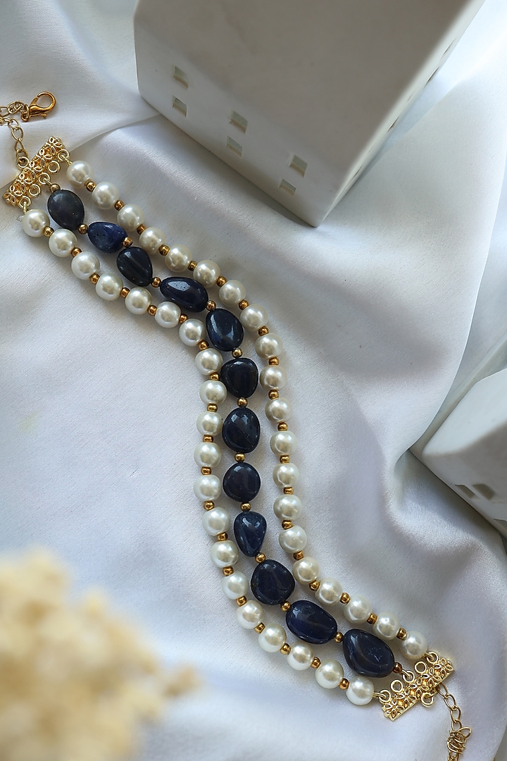 Gold Finish Pearl & Blue Stone Choker Necklace by Do Taara at Pernia's Pop Up Shop
