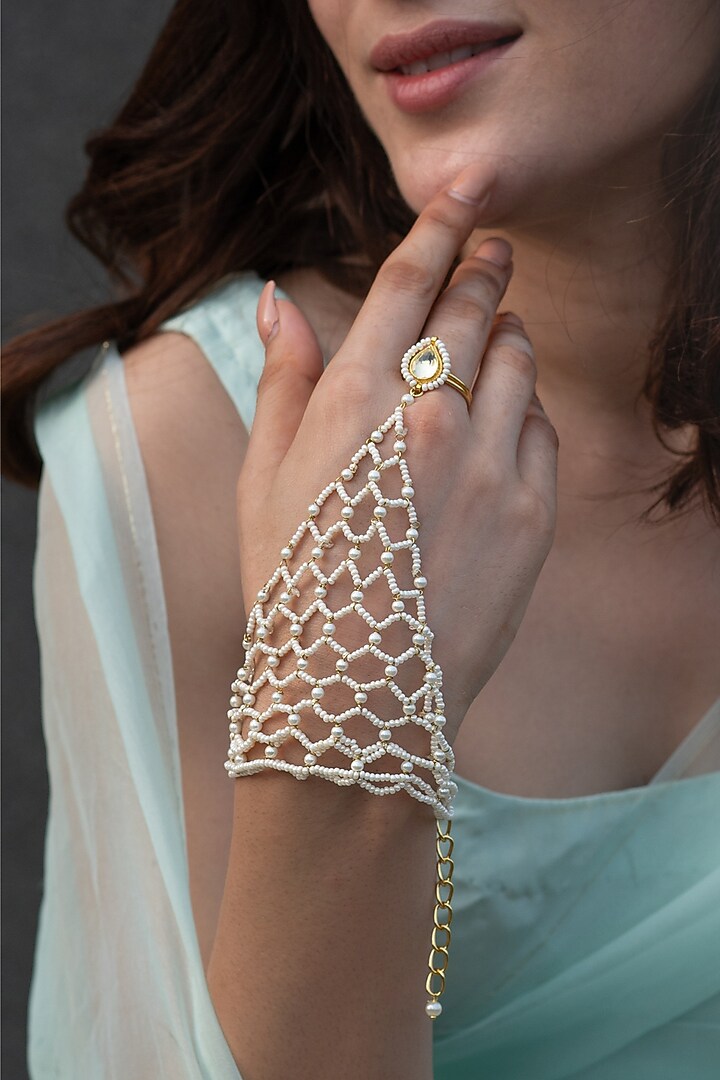 Gold Finish Seed Pearl Hathphool by Do Taara at Pernia's Pop Up Shop