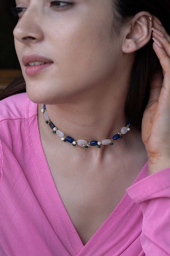Gold Finish Lapis Lazuli & Fluorite Stone Choker Necklace by Do Taara at Pernia's Pop Up Shop