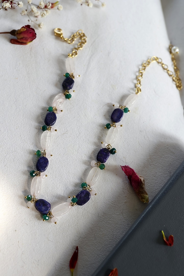 Gold Finish Lapis Lazuli & Fluorite Stone Choker Necklace by Do Taara at Pernia's Pop Up Shop