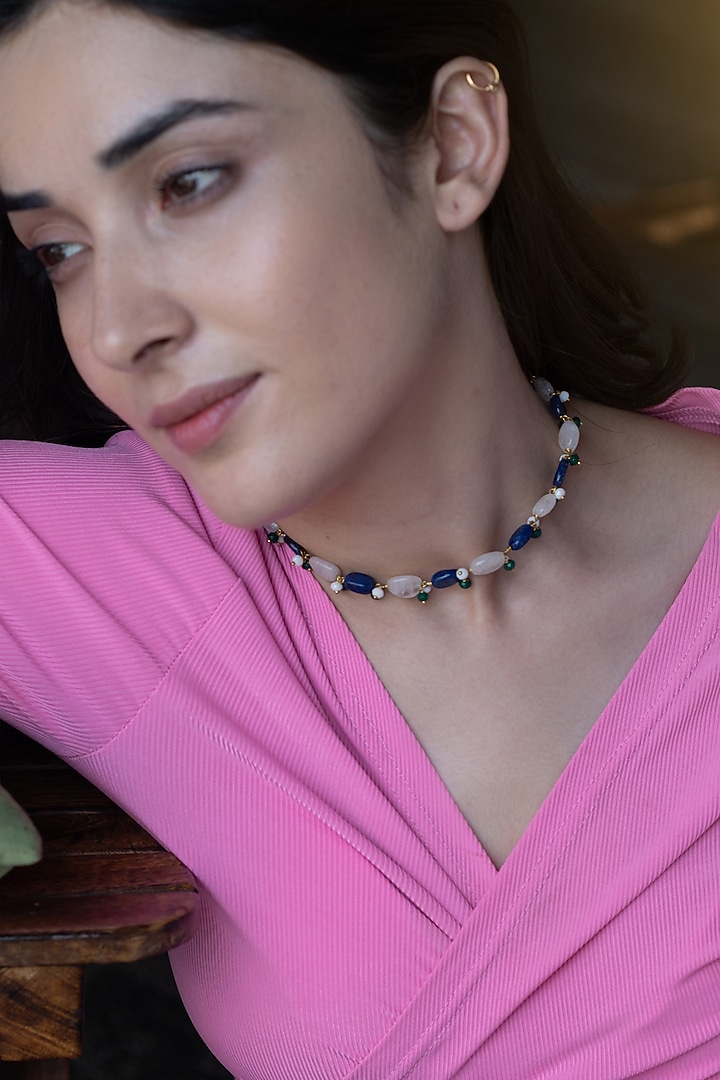 Gold Finish Lapis Lazuli & Fluorite Stone Choker Necklace by Do Taara at Pernia's Pop Up Shop