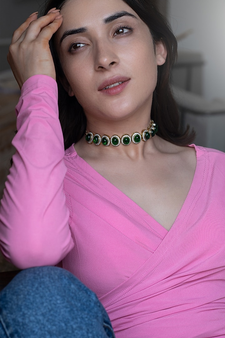 Gold Finish Crystal & Cubic Zirconia Choker Necklace by Do Taara at Pernia's Pop Up Shop