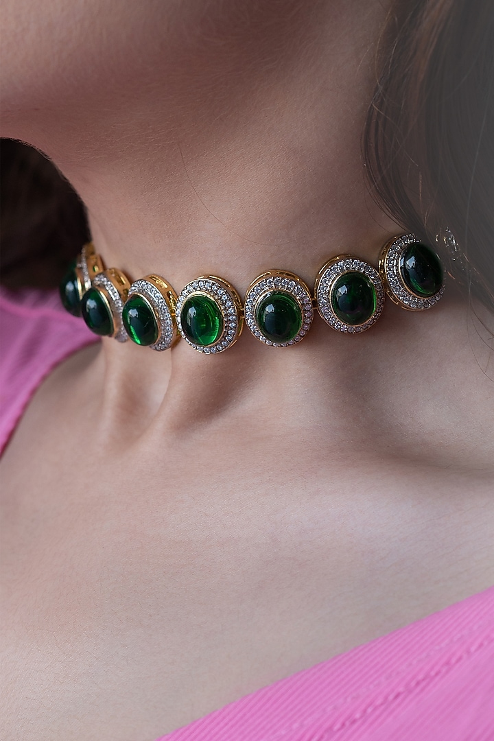 Gold Finish Crystal & Cubic Zirconia Choker Necklace by Do Taara at Pernia's Pop Up Shop