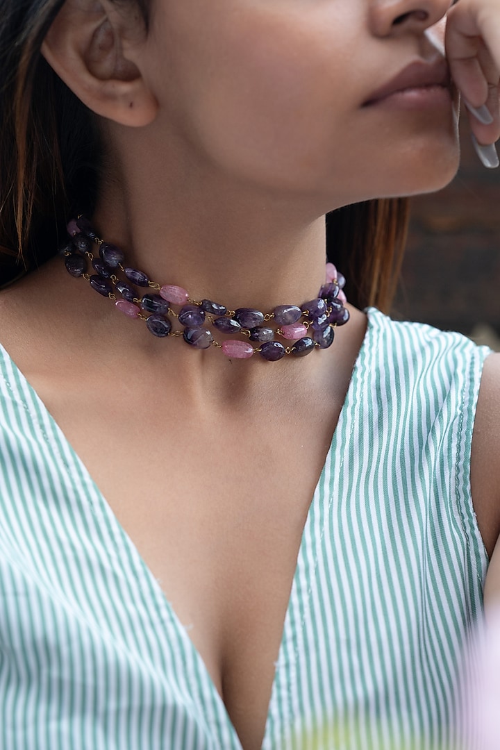 Gold Finish Amethyst & Pink Tourmaline Choker Necklace by Do Taara at Pernia's Pop Up Shop