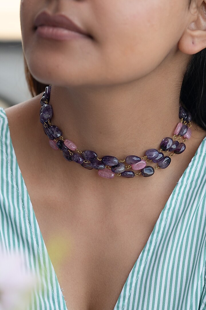 Gold Finish Amethyst & Pink Tourmaline Choker Necklace by Do Taara at Pernia's Pop Up Shop