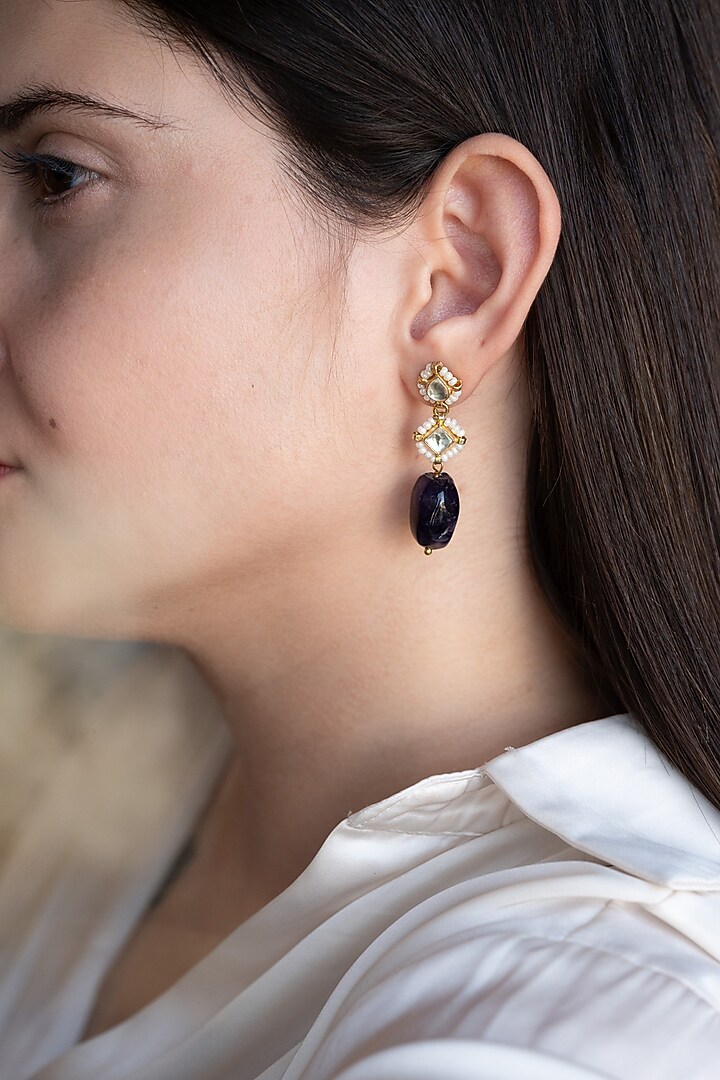Gold Finish Amethyst Stone & Pearl Dangler Earrings by Do Taara at Pernia's Pop Up Shop