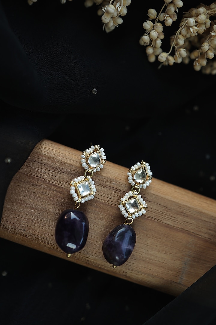 Gold Finish Amethyst Stone & Pearl Dangler Earrings by Do Taara at Pernia's Pop Up Shop