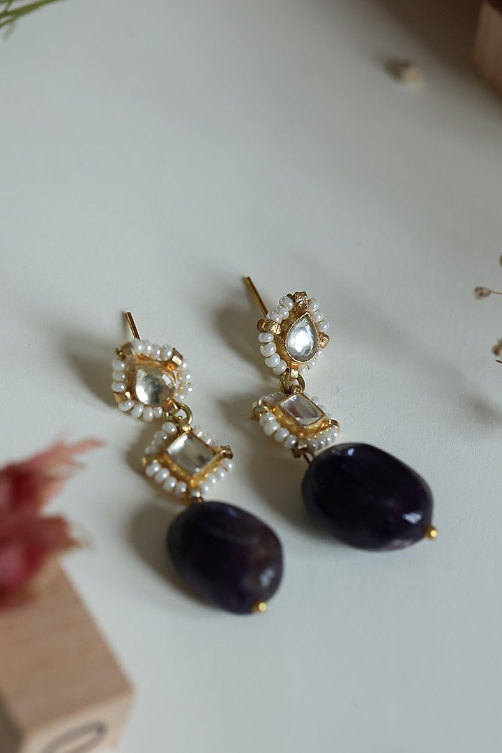 Gold Finish Amethyst Stone & Pearl Dangler Earrings by Do Taara at Pernia's Pop Up Shop