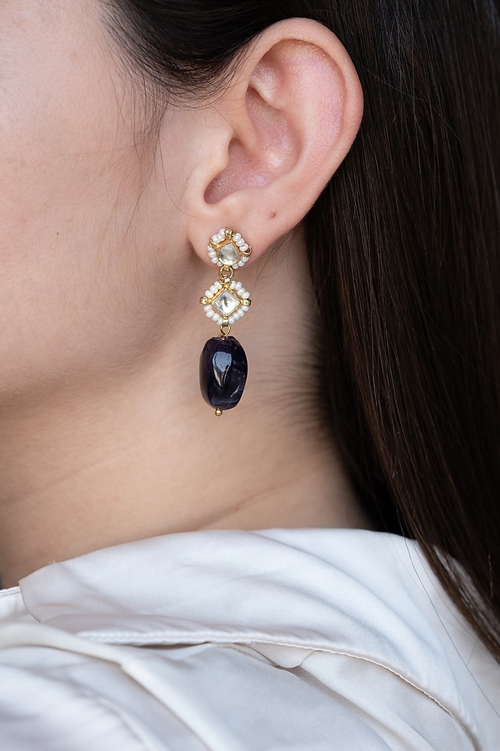 Gold Finish Amethyst Stone & Pearl Dangler Earrings by Do Taara at Pernia's Pop Up Shop