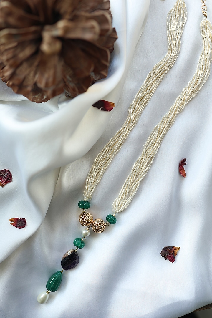 Gold Finish Seed Pearl & Natural Stone Necklace by Do Taara at Pernia's Pop Up Shop