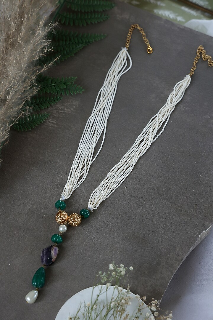 Gold Finish Seed Pearl & Natural Stone Necklace by Do Taara at Pernia's Pop Up Shop