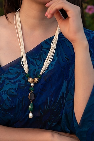 Gold Finish Seed Pearl & Natural Stone Necklace by Do Taara