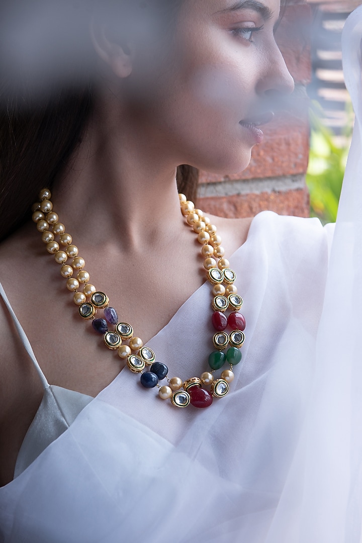 Gold Finish Pearl & Natural Stone Necklace by Do Taara at Pernia's Pop Up Shop