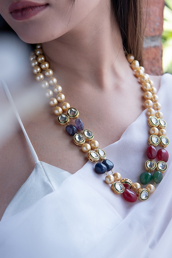 Gold Finish Pearl & Natural Stone Necklace by Do Taara at Pernia's Pop Up Shop