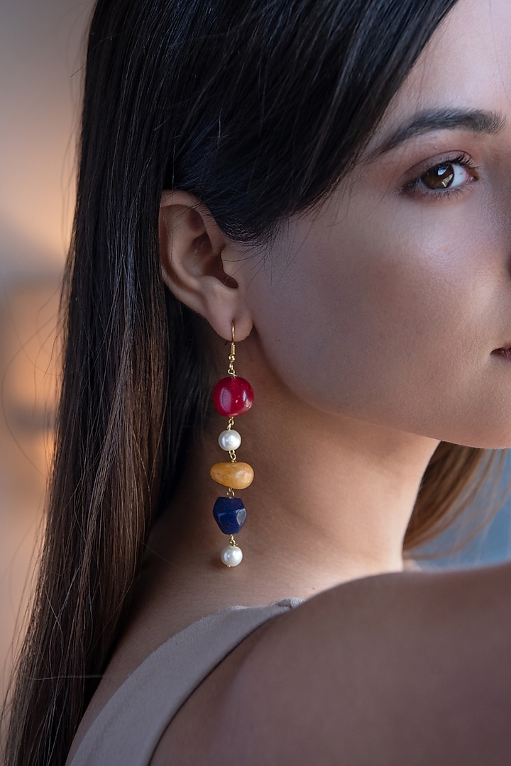 Gold Finish Pearl & Natural Stone Dangler Earrings by Do Taara at Pernia's Pop Up Shop