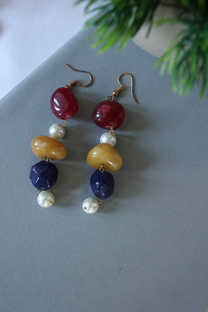 Gold Finish Pearl & Natural Stone Dangler Earrings by Do Taara at Pernia's Pop Up Shop