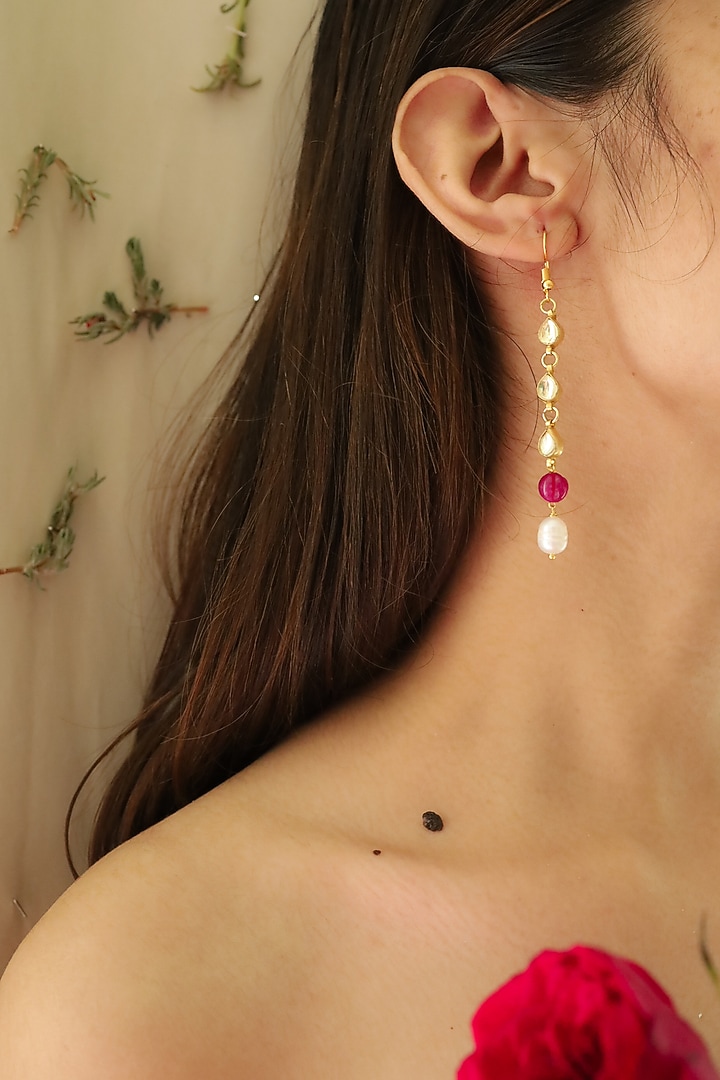 Gold Plated Kundan Polki & Ruby Drop Dangler Earrings by Do Taara at Pernia's Pop Up Shop