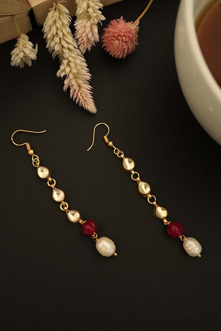 Gold Plated Kundan Polki & Ruby Drop Dangler Earrings by Do Taara at Pernia's Pop Up Shop