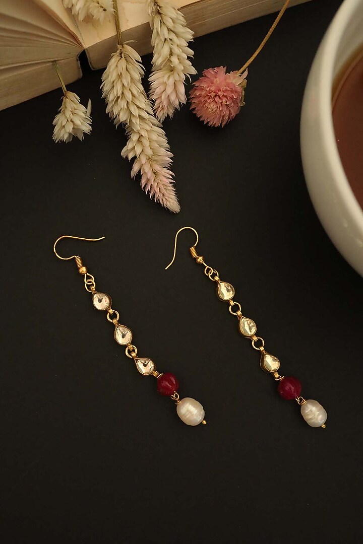 Gold Plated Kundan Polki & Ruby Drop Dangler Earrings by Do Taara at Pernia's Pop Up Shop