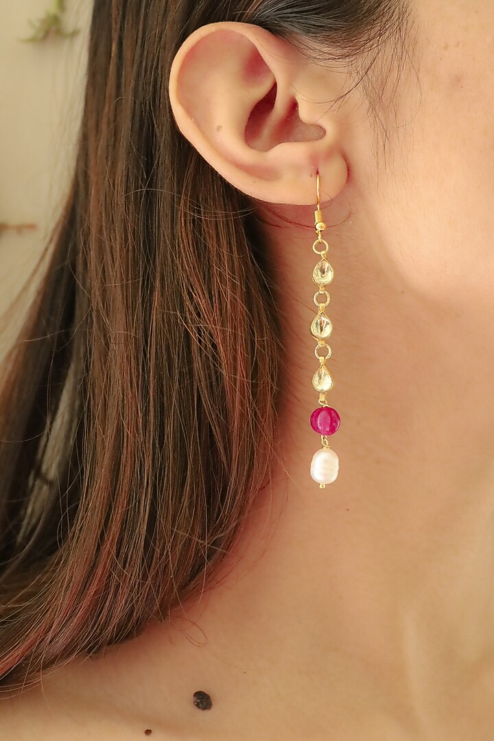 Gold Plated Kundan Polki & Ruby Drop Dangler Earrings by Do Taara at Pernia's Pop Up Shop