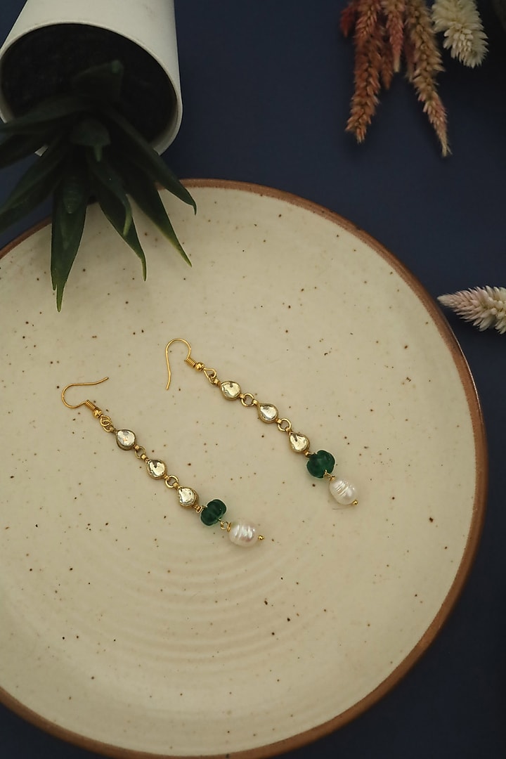 Gold Plated Jade Green Stone & Kundan Drop Dangler Earrings by Do Taara at Pernia's Pop Up Shop