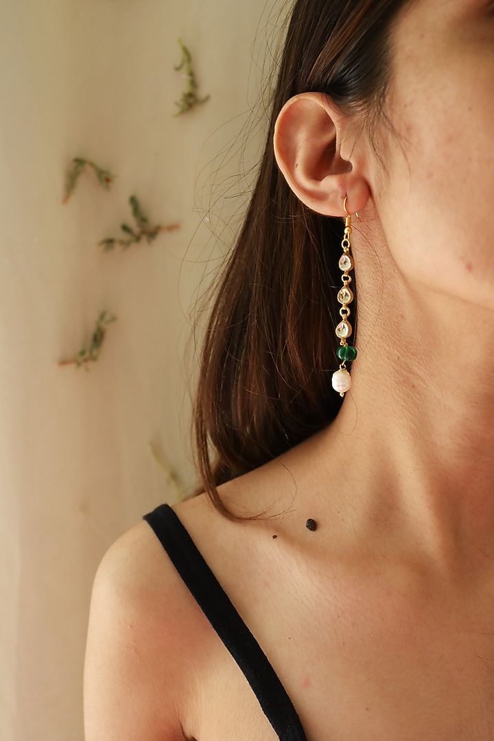 Gold Plated Jade Green Stone & Kundan Drop Dangler Earrings by Do Taara at Pernia's Pop Up Shop