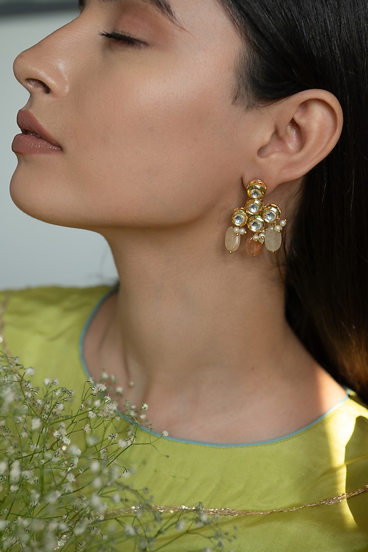 Gold Plated Kundan Polki & Pearl Dangler Earrings by Do Taara at Pernia's Pop Up Shop