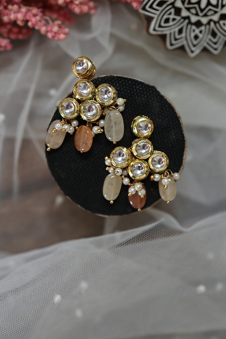 Gold Plated Kundan Polki & Pearl Dangler Earrings by Do Taara at Pernia's Pop Up Shop