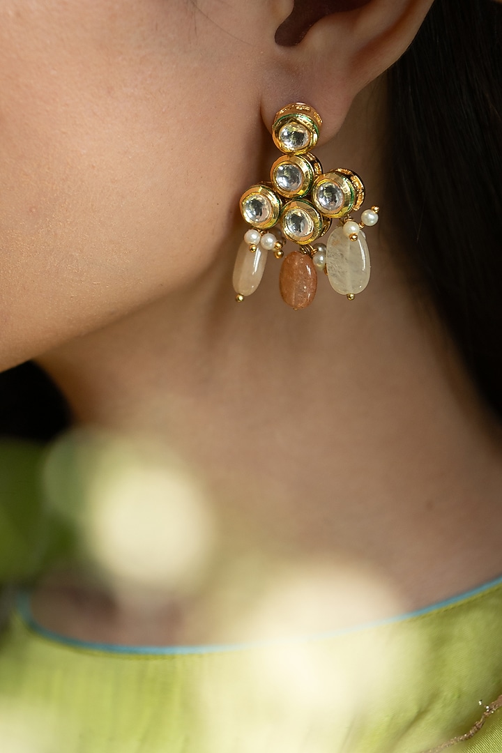Gold Plated Kundan Polki & Pearl Dangler Earrings by Do Taara at Pernia's Pop Up Shop
