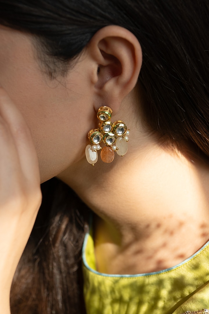 Gold Plated Kundan Polki & Pearl Dangler Earrings by Do Taara at Pernia's Pop Up Shop