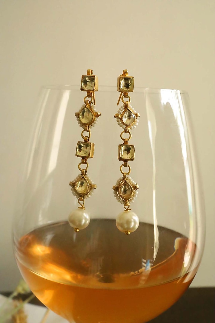Gold Plated Kundan Polki & Pearl Dangler Earrings by Do Taara at Pernia's Pop Up Shop