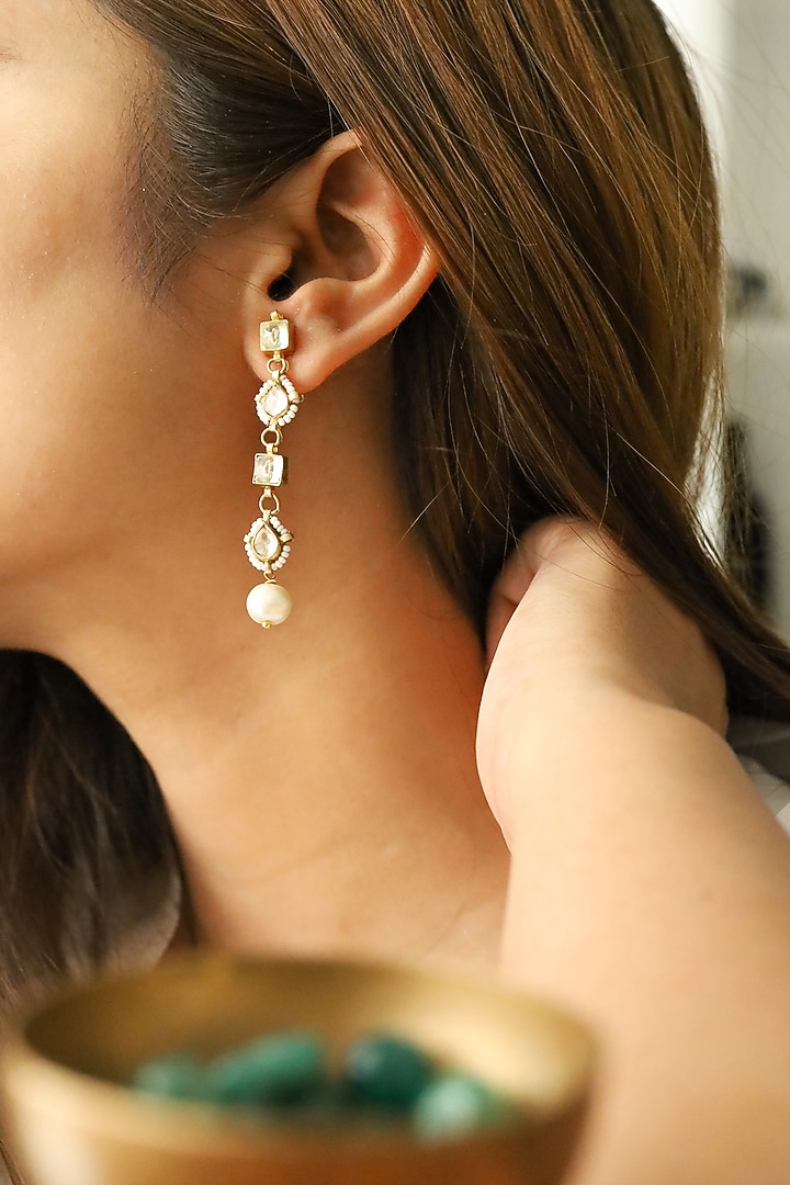 Gold Plated Kundan Polki & Pearl Dangler Earrings by Do Taara at Pernia's Pop Up Shop