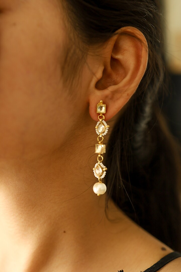 Gold Plated Kundan Polki & Pearl Dangler Earrings by Do Taara at Pernia's Pop Up Shop