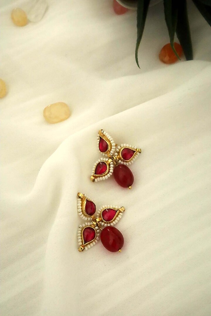 Gold Plated Red Kundan Polki & Pearl Dangler Earrings by Do Taara at Pernia's Pop Up Shop