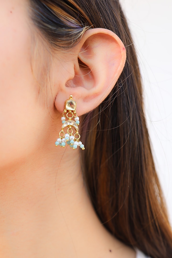 Gold Plated Turquoise Kundan Polki & Pearl Dangler Earrings by Do Taara at Pernia's Pop Up Shop