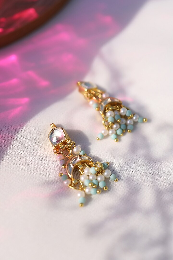Gold Plated Turquoise Kundan Polki & Pearl Dangler Earrings by Do Taara at Pernia's Pop Up Shop