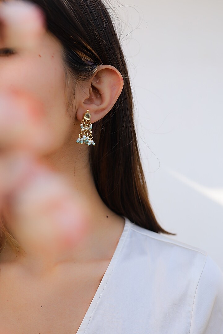 Gold Plated Turquoise Kundan Polki & Pearl Dangler Earrings by Do Taara at Pernia's Pop Up Shop