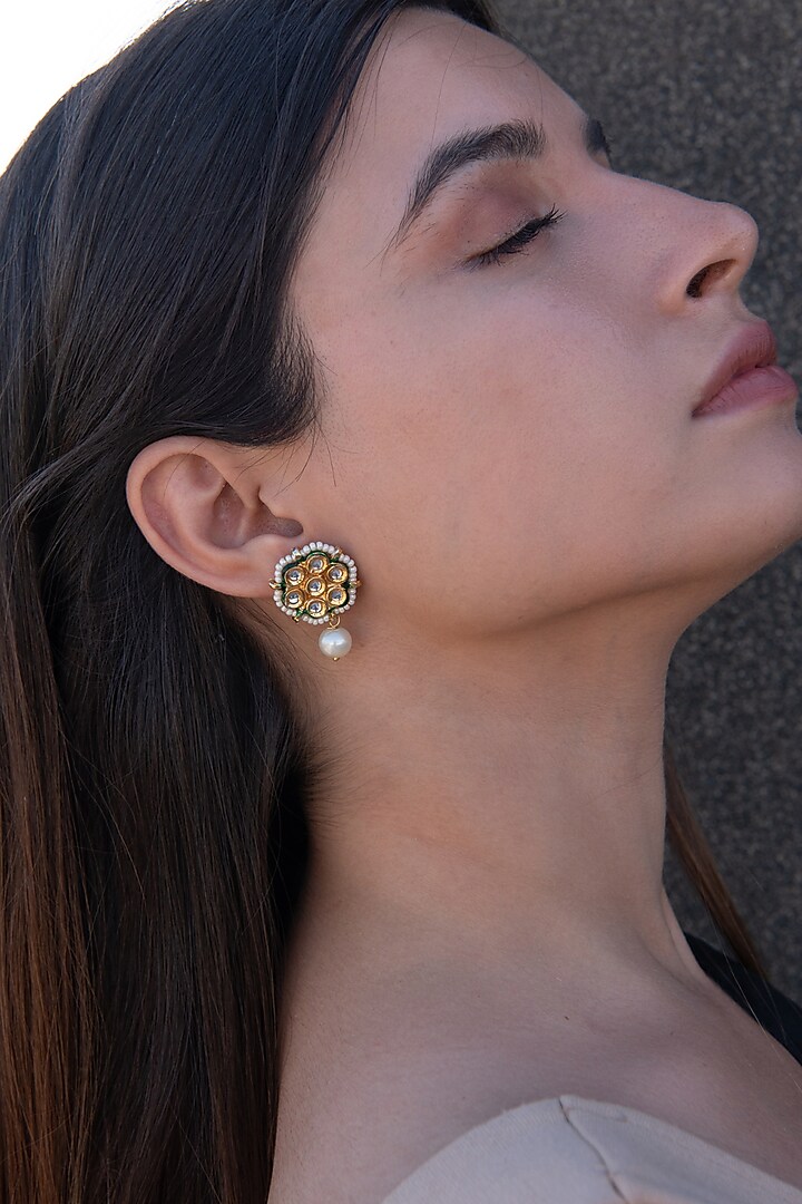 Gold Plated Kundan Polki & Shell Pearl Dangler Earrings by Do Taara at Pernia's Pop Up Shop