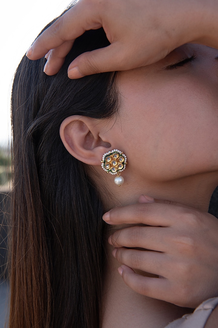 Gold Plated Kundan Polki & Shell Pearl Dangler Earrings by Do Taara at Pernia's Pop Up Shop
