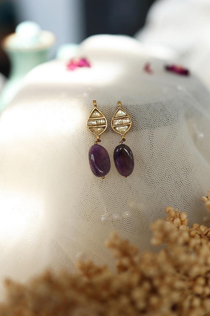 Gold Plated Kundan Polki & Purple Natural Stone Dangler Earrings by Do Taara at Pernia's Pop Up Shop
