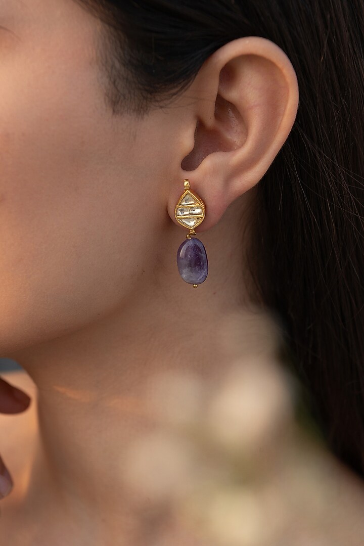 Gold Plated Kundan Polki & Purple Natural Stone Dangler Earrings by Do Taara at Pernia's Pop Up Shop