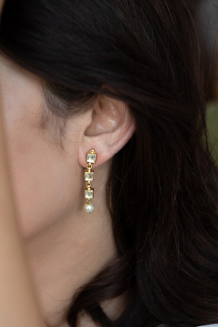 Gold Plated Kundan Polki & Pearl Drop Dangler Earrings by Do Taara at Pernia's Pop Up Shop