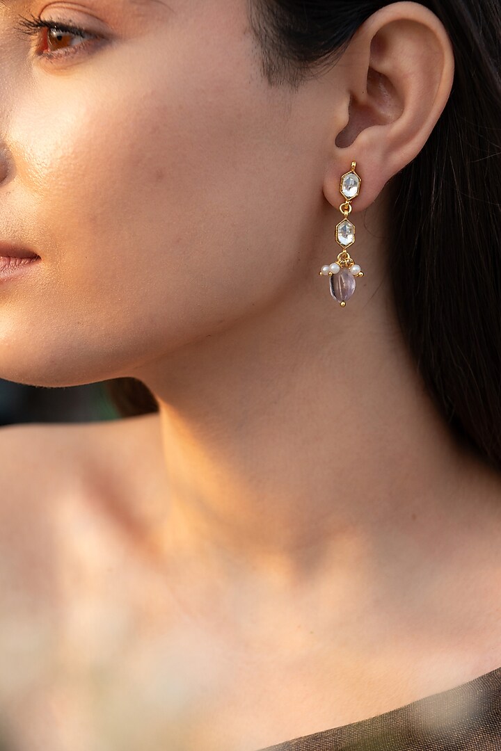 Gold Plated Kundan Polki & Pearl Dangler Earrings by Do Taara at Pernia's Pop Up Shop