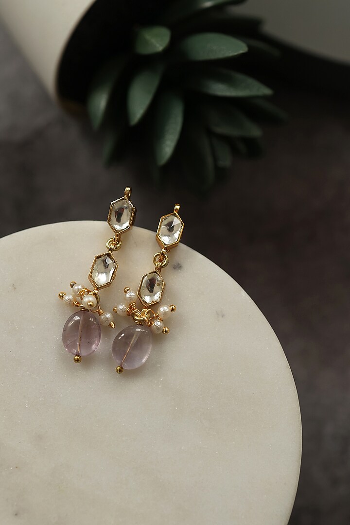 Gold Plated Kundan Polki & Pearl Dangler Earrings by Do Taara at Pernia's Pop Up Shop