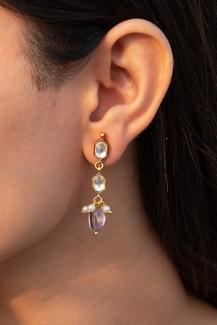 Gold Plated Kundan Polki & Pearl Dangler Earrings by Do Taara at Pernia's Pop Up Shop