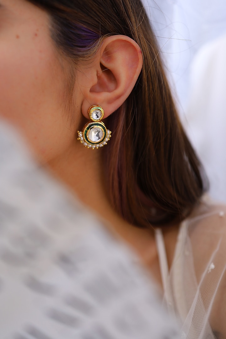 Gold Plated Kundan Polki & Pearl Dangler Earrings by Do Taara at Pernia's Pop Up Shop